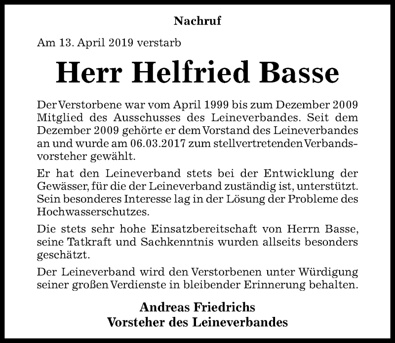  Traueranzeige für Helfried Basse vom 16.04.2019 aus Hildesheimer Allgemeine Zeitung