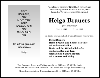 Traueranzeige von Helga Brauers von Hildesheimer Allgemeine Zeitung