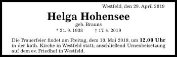 Traueranzeige von Helga Hohensee von Hildesheimer Allgemeine Zeitung