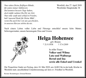 Traueranzeige von Helga Hohensee von Hildesheimer Allgemeine Zeitung