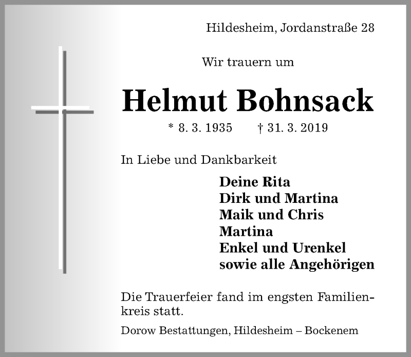  Traueranzeige für Helmut Bohnsack vom 13.04.2019 aus Hildesheimer Allgemeine Zeitung