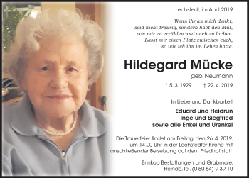 Traueranzeige von Hildegard Mücke von Hildesheimer Allgemeine Zeitung