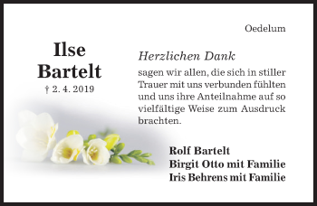 Traueranzeige von Ilse Bartelt von Hildesheimer Allgemeine Zeitung