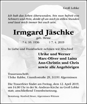 Traueranzeige von Irmgard Jäschke von Hildesheimer Allgemeine Zeitung