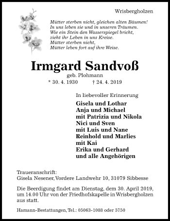 Traueranzeige von Irmgard Sandvoß von Hildesheimer Allgemeine Zeitung