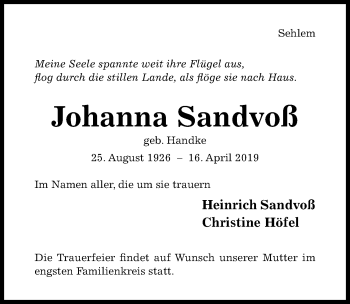 Traueranzeige von Johanna Sandvoß von Hildesheimer Allgemeine Zeitung