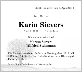 Traueranzeige von Karin Sievers von Hildesheimer Allgemeine Zeitung