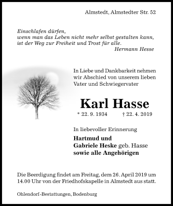 Traueranzeige von Karl Hasse von Hildesheimer Allgemeine Zeitung