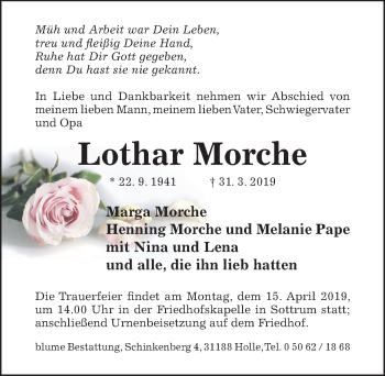 Traueranzeige von Lothar Morche von Hildesheimer Allgemeine Zeitung