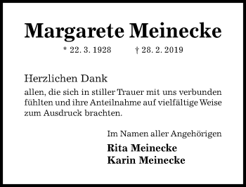 Traueranzeige von Margarete Meinecke von Hildesheimer Allgemeine Zeitung