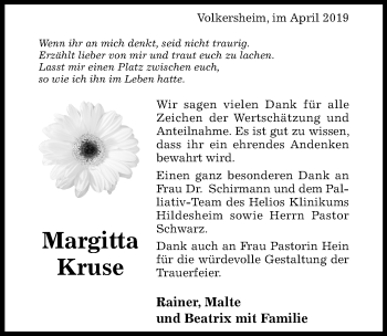 Traueranzeige von Margitta Kruse von Hildesheimer Allgemeine Zeitung