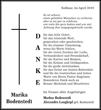 Traueranzeige von Marika Bodenstedt von Hildesheimer Allgemeine Zeitung