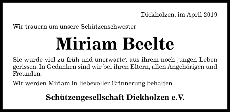  Traueranzeige für Miriam Beelte vom 17.04.2019 aus Hildesheimer Allgemeine Zeitung