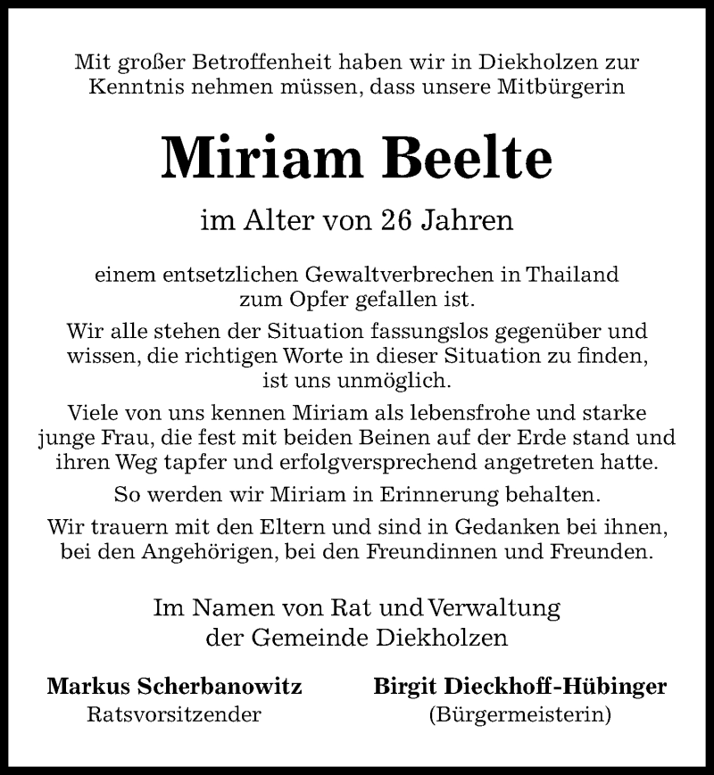  Traueranzeige für Miriam Beelte vom 13.04.2019 aus Hildesheimer Allgemeine Zeitung