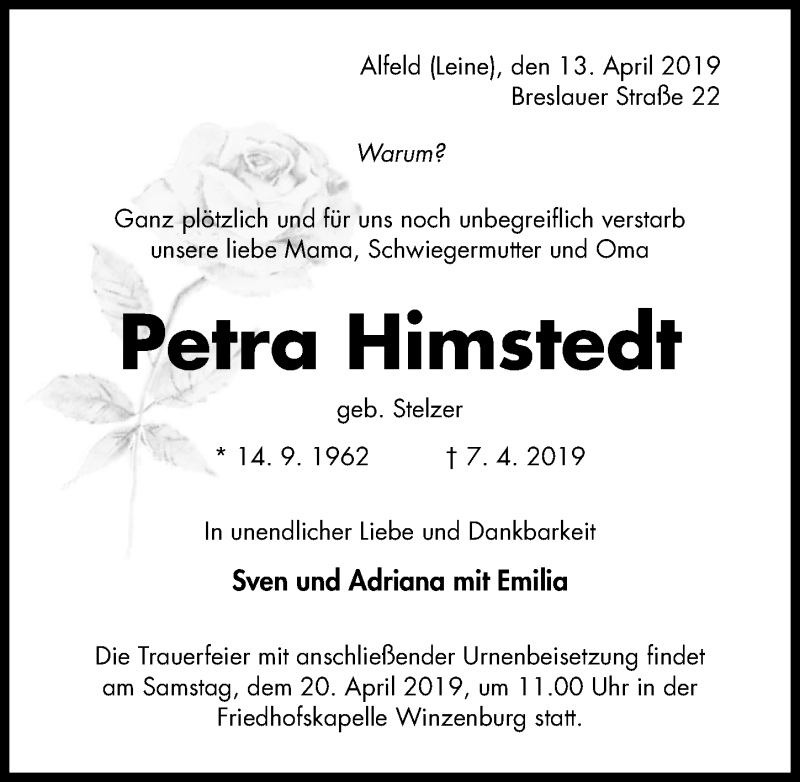  Traueranzeige für Petra Himstedt vom 13.04.2019 aus Hildesheimer Allgemeine Zeitung