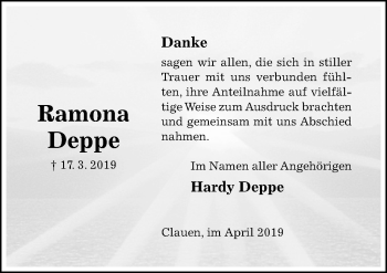 Traueranzeige von Ramona Deppe von Hildesheimer Allgemeine Zeitung