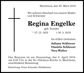 Traueranzeige von Regina Engelke von Hildesheimer Allgemeine Zeitung