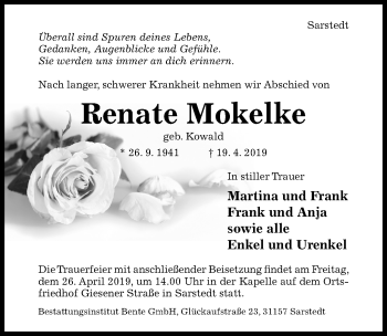 Traueranzeige von Renate Mokelke von Hildesheimer Allgemeine Zeitung