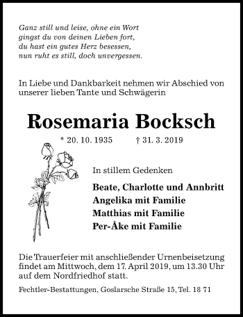 Traueranzeige von Rosemaria Bocksch von Hildesheimer Allgemeine Zeitung