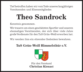 Traueranzeige von Theo Sandrock von Hildesheimer Allgemeine Zeitung