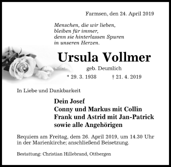 Traueranzeige von Ursula Vollmer von Hildesheimer Allgemeine Zeitung