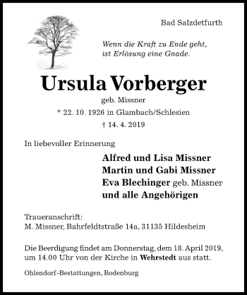 Traueranzeige von Ursula Vorberger von Hildesheimer Allgemeine Zeitung