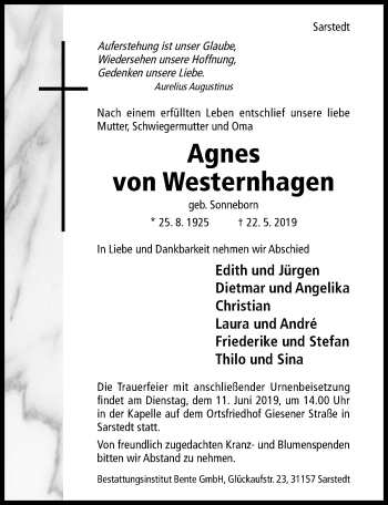 Traueranzeige von Agnes von Westernhagen von Hildesheimer Allgemeine Zeitung