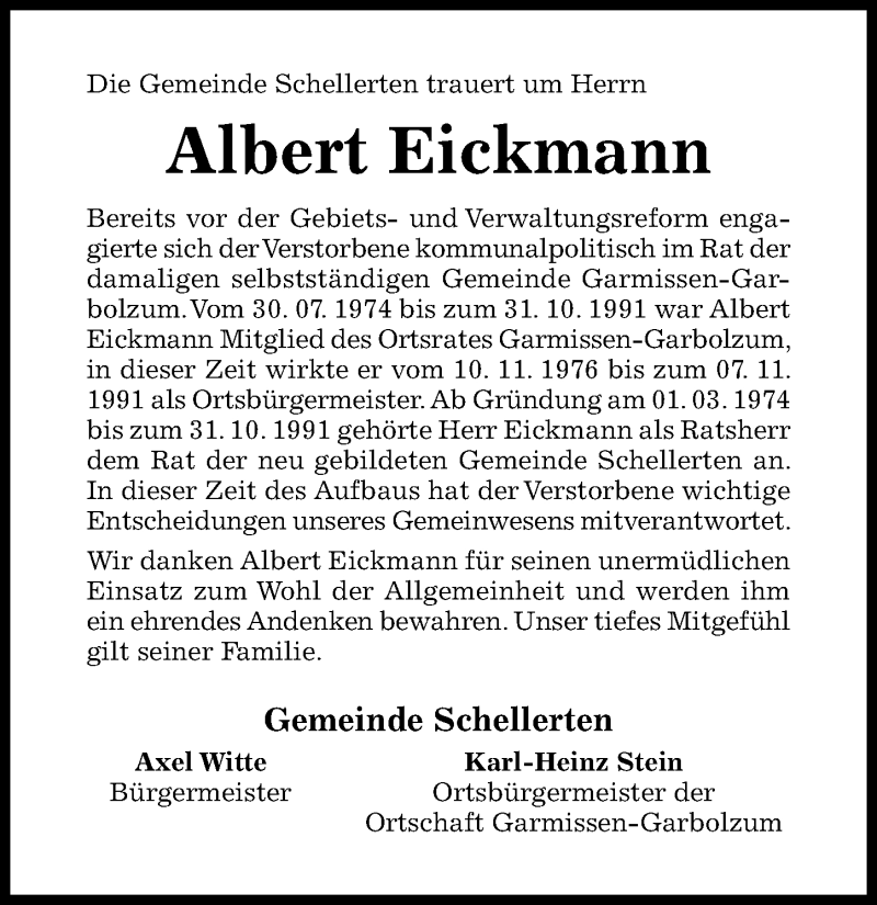  Traueranzeige für Albert Eickmann vom 14.05.2019 aus Hildesheimer Allgemeine Zeitung