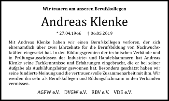 Traueranzeige von Andreas Klenke von Hildesheimer Allgemeine Zeitung