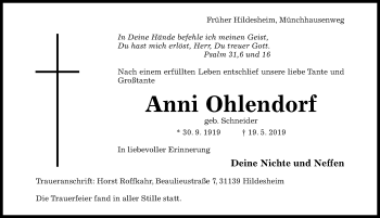 Traueranzeige von Anni Ohlendorf von Hildesheimer Allgemeine Zeitung