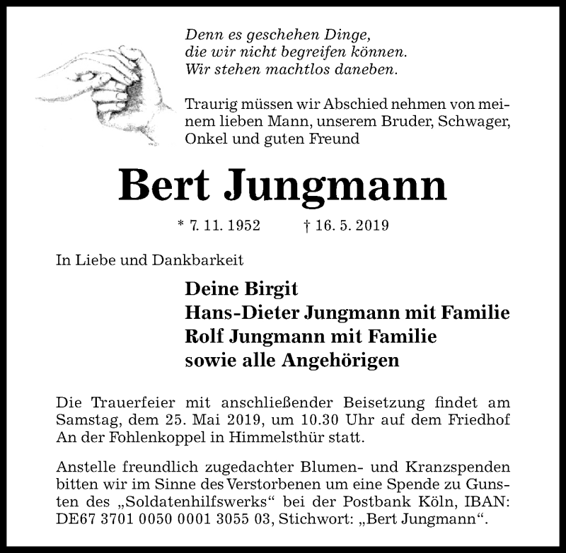  Traueranzeige für Bert Jungmann vom 22.05.2019 aus Hildesheimer Allgemeine Zeitung