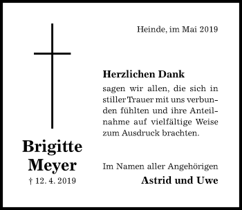 Traueranzeige von Brigitte Meyer von Hildesheimer Allgemeine Zeitung