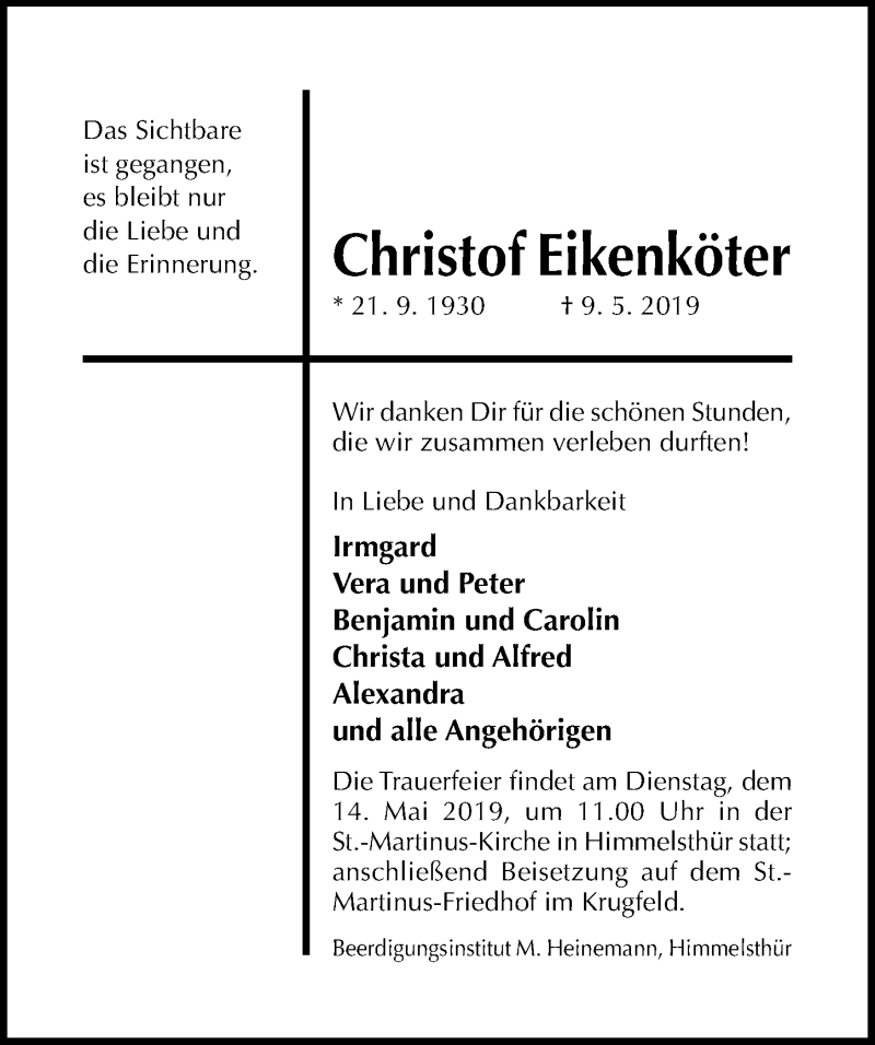  Traueranzeige für Christof Eikenköter vom 11.05.2019 aus Hildesheimer Allgemeine Zeitung