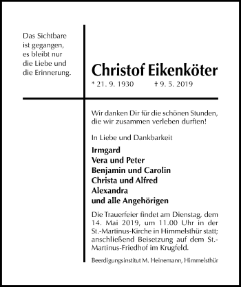 Traueranzeige von Christof Eikenköter von Hildesheimer Allgemeine Zeitung