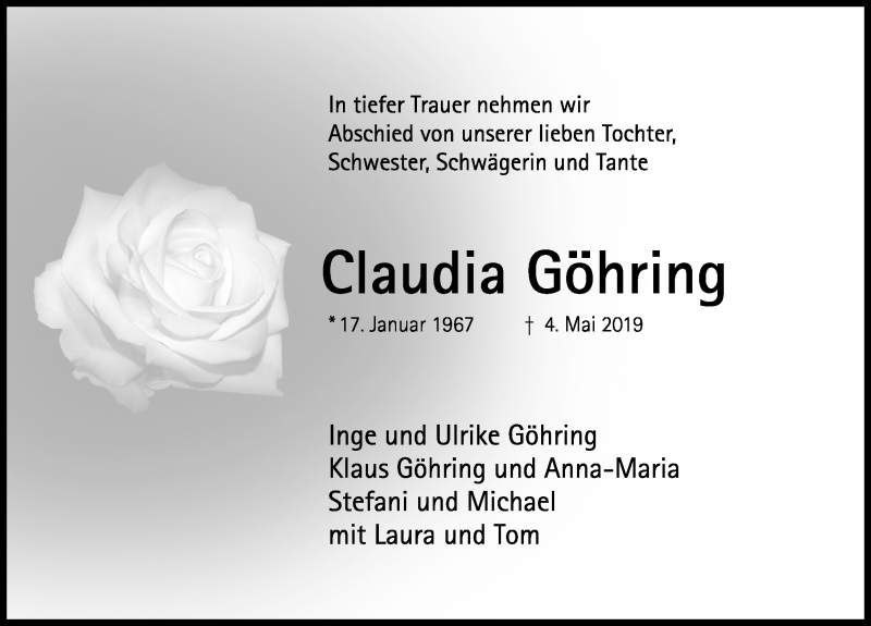  Traueranzeige für Claudia Göhring vom 11.05.2019 aus Hildesheimer Allgemeine Zeitung