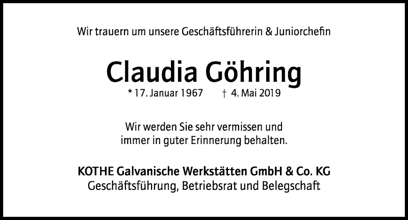  Traueranzeige für Claudia Göhring vom 11.05.2019 aus Hildesheimer Allgemeine Zeitung