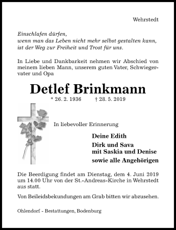 Traueranzeige von Detlef Brinkmann von Hildesheimer Allgemeine Zeitung