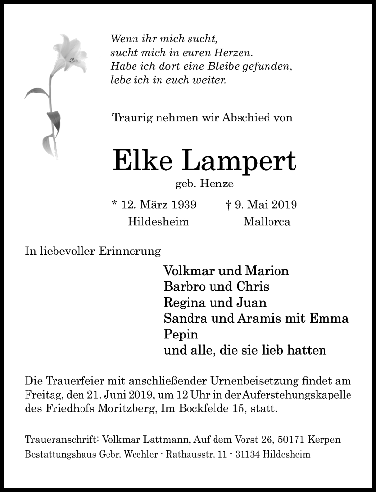  Traueranzeige für Elke Lampert vom 18.05.2019 aus Hildesheimer Allgemeine Zeitung