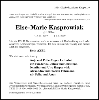 Traueranzeige von Else-Marie Kasprowiak von Hildesheimer Allgemeine Zeitung