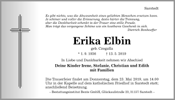 Traueranzeige von Erika Elbin von Hildesheimer Allgemeine Zeitung