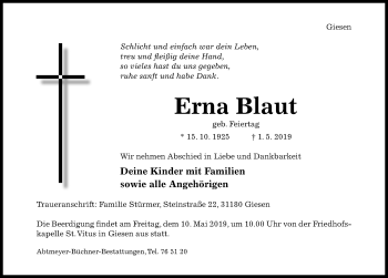 Traueranzeige von Erna Blaut von Hildesheimer Allgemeine Zeitung