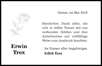 Traueranzeige von Erwin Trox von Hildesheimer Allgemeine Zeitung