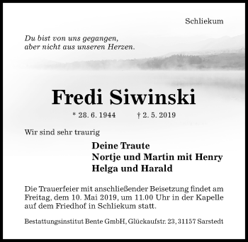 Traueranzeige von Fredi Siwinski von Hildesheimer Allgemeine Zeitung