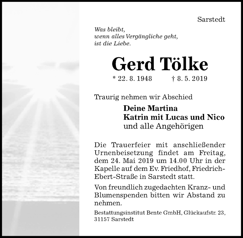 Traueranzeige für Gerd Tölke vom 11.05.2019 aus Hildesheimer Allgemeine Zeitung