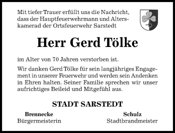 Traueranzeige von Gerd Tölke von Hildesheimer Allgemeine Zeitung