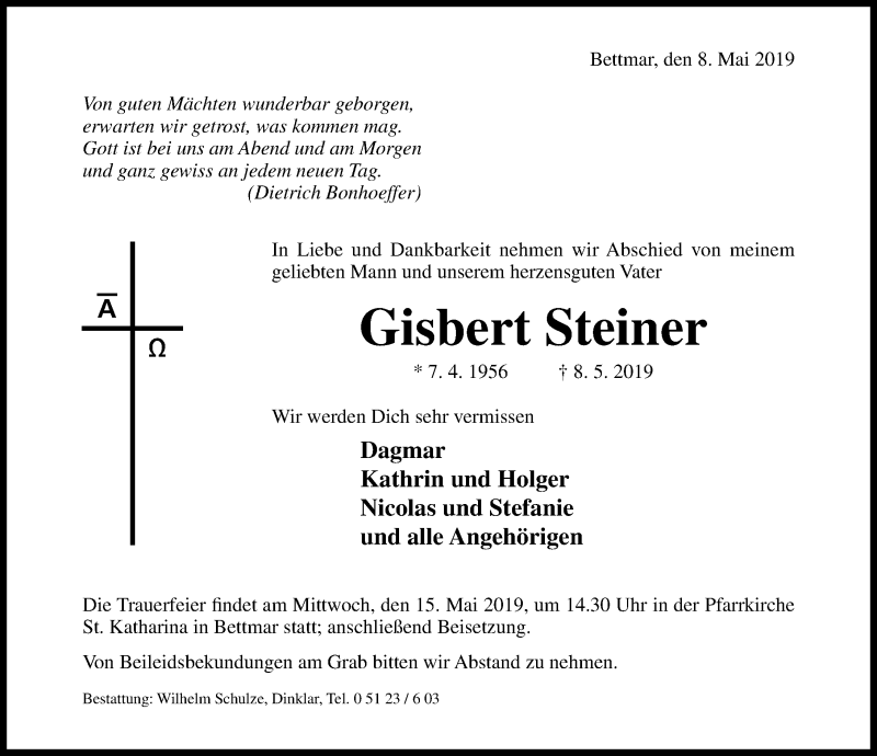  Traueranzeige für Gisbert Steiner vom 11.05.2019 aus Hildesheimer Allgemeine Zeitung