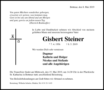 Traueranzeige von Gisbert Steiner von Hildesheimer Allgemeine Zeitung