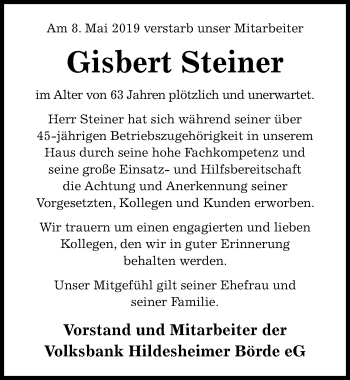 Traueranzeige von Gisbert Steiner von Hildesheimer Allgemeine Zeitung