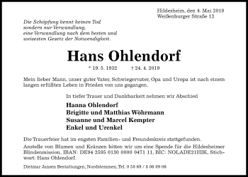 Traueranzeige von Hans Ohlendorf von Hildesheimer Allgemeine Zeitung