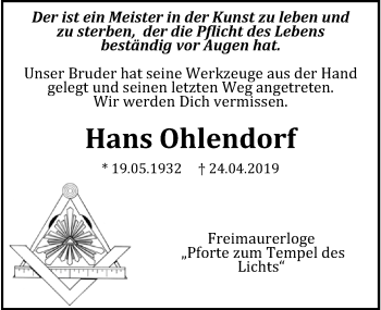 Traueranzeige von Hans Ohlendorf von Hildesheimer Allgemeine Zeitung